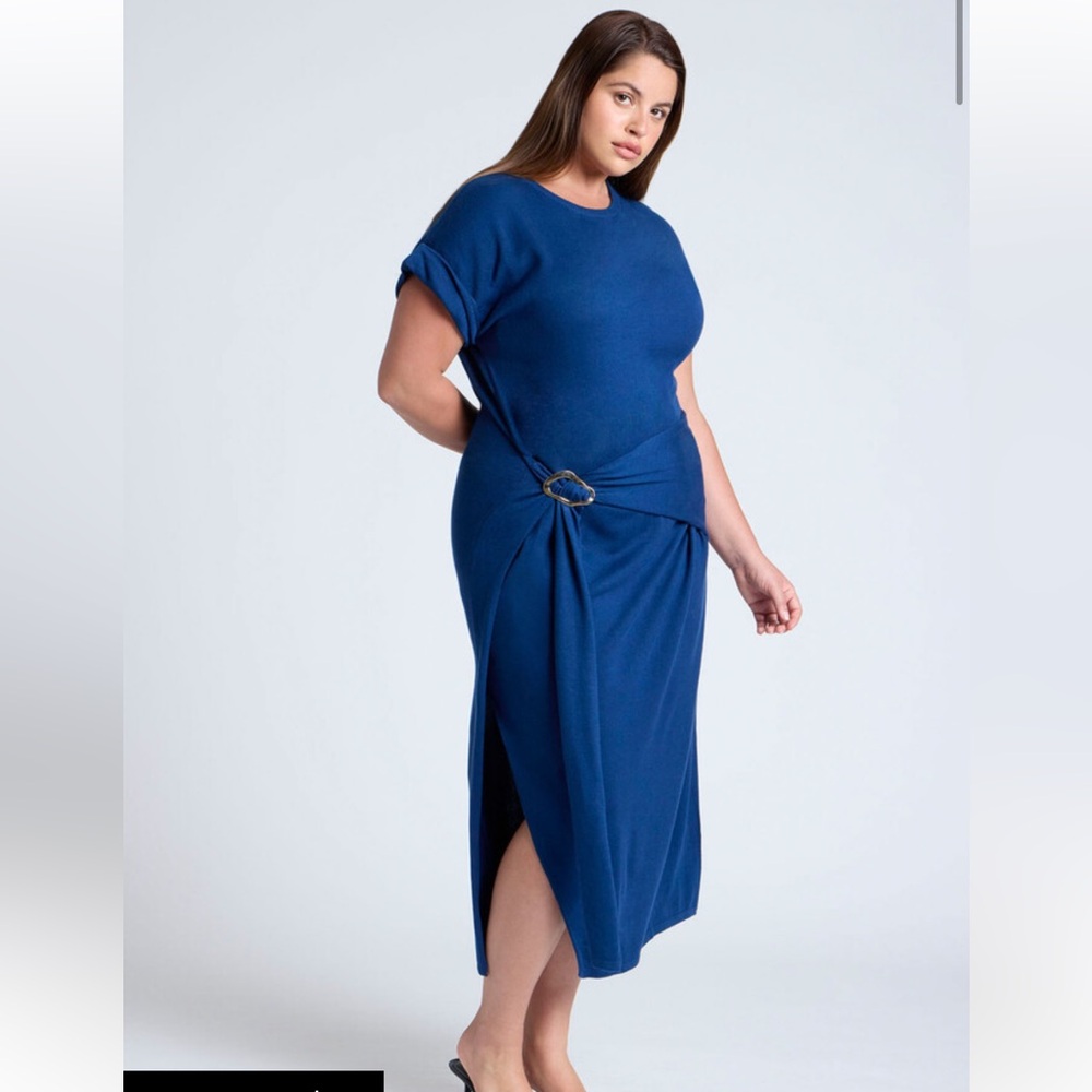 Rolled Sleeve Midi Dress With Buckle